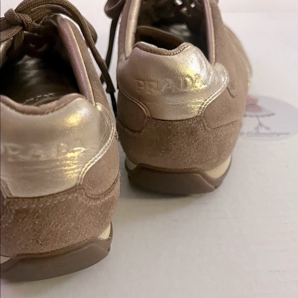 Prada Brown Suede Sneakers with Gold Accents - Picture 8 of 11